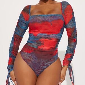 Fashion Nova Red and Blue Long Sleeve Mesh Bodysuit